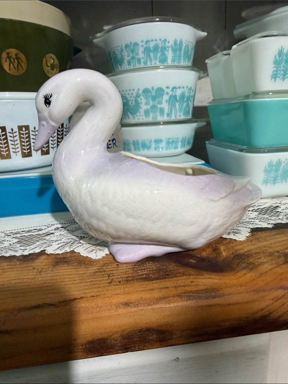 Vintage purple and white ceramic glazed swan planter